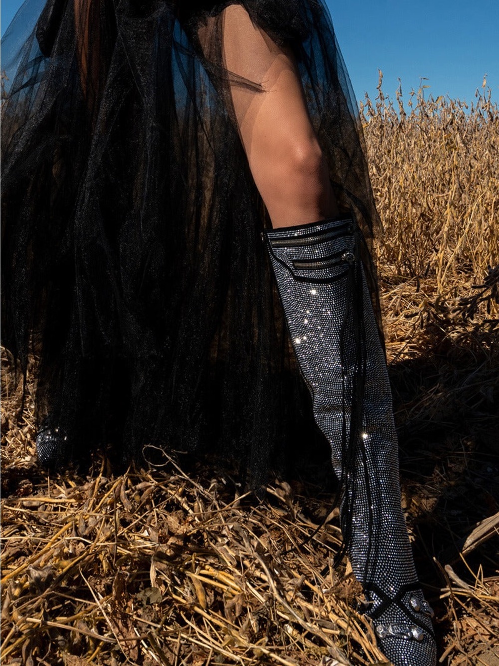 AZALEA WANG Sparkling Silver Knee-High Boots with Black Tulle Dress